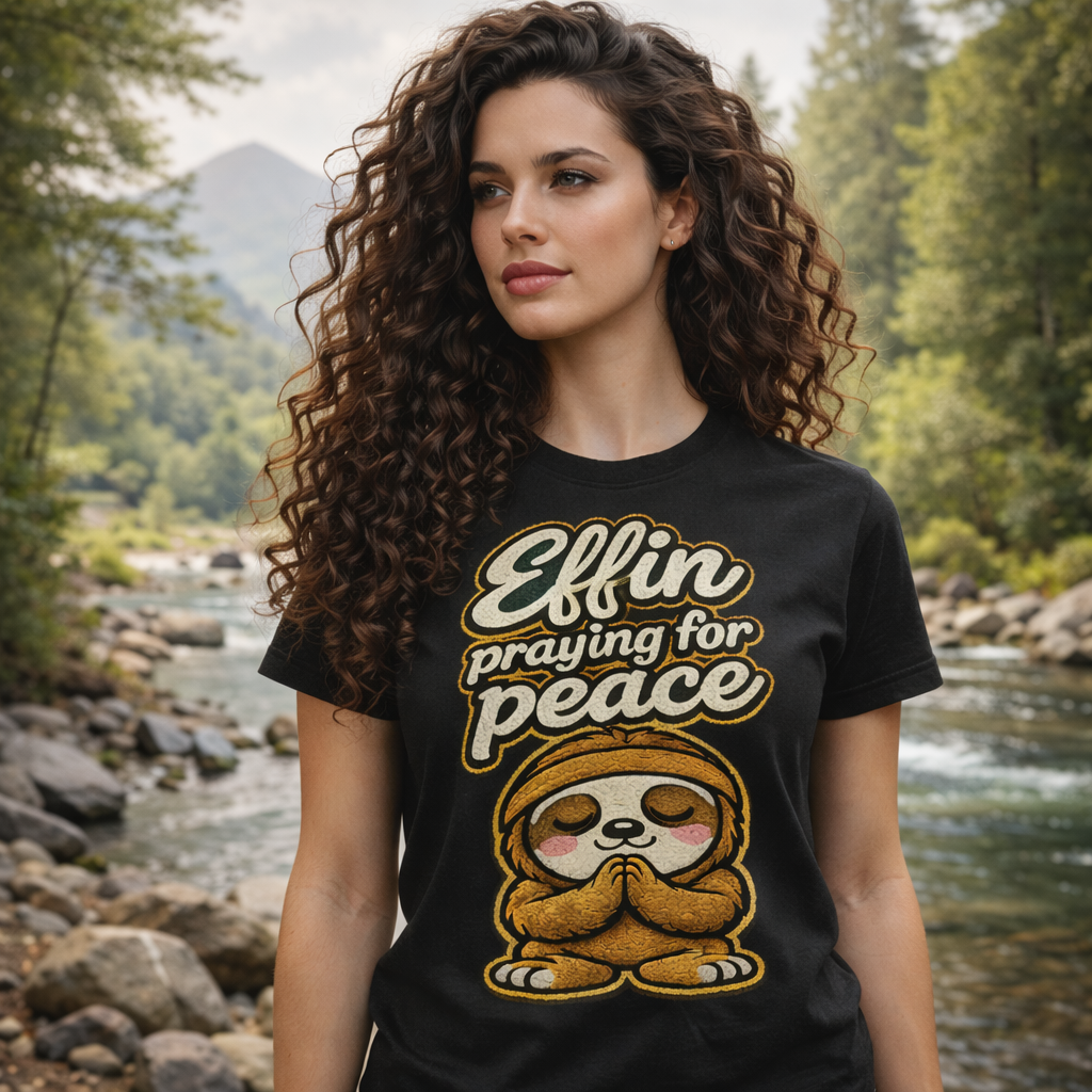 Effin Praying for Peace Shirt | Peace Quote Graphic Tee | Funny Sloth Peace Message Tee