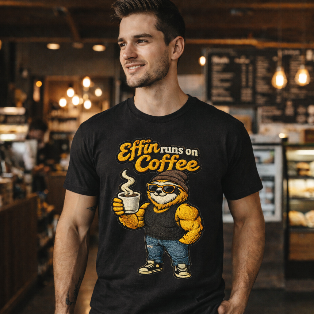 Guy Effin Runs on Coffee T-Shirt | Funny Coffee Lover Graphic Tee for Caffeine Addicts