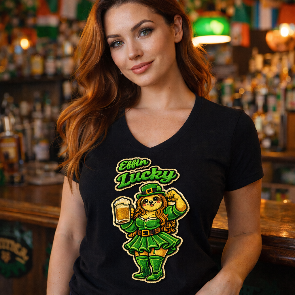 Effin Lucky Girl Sloth Leprechaun Shirt | Funny St. Patrick’s Day Chenille Patch Tee