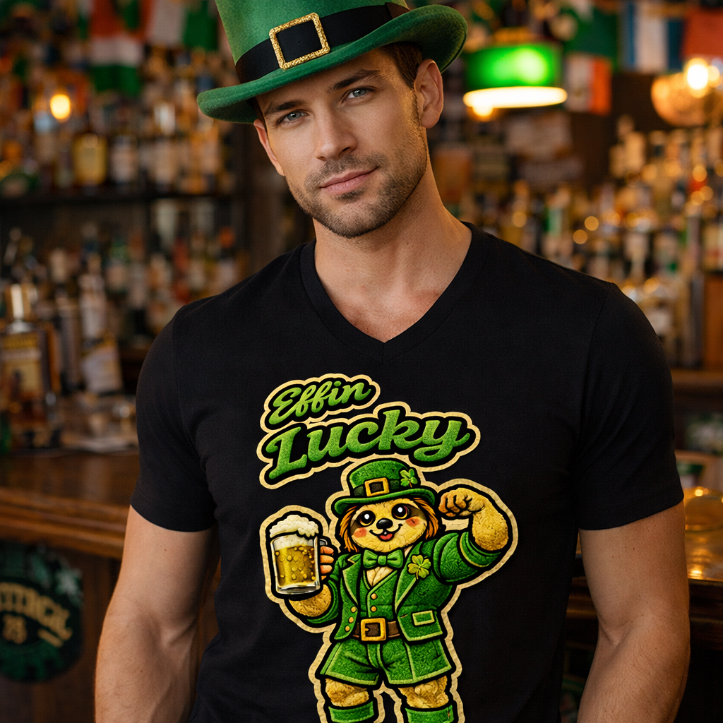 Effin Lucky Guy Sloth Leprechaun Shirt | Funny St. Patrick’s Day Chenille Patch Tee